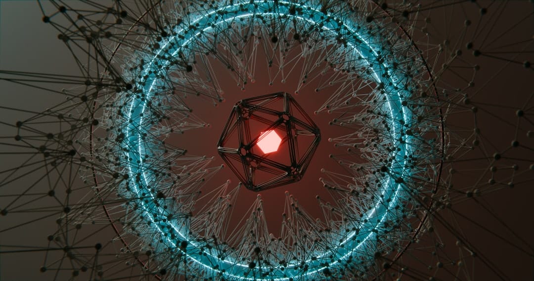 An abstract visualization of a glowing digital network with interconnected nodes, symbolizing AI processing structured data for search.