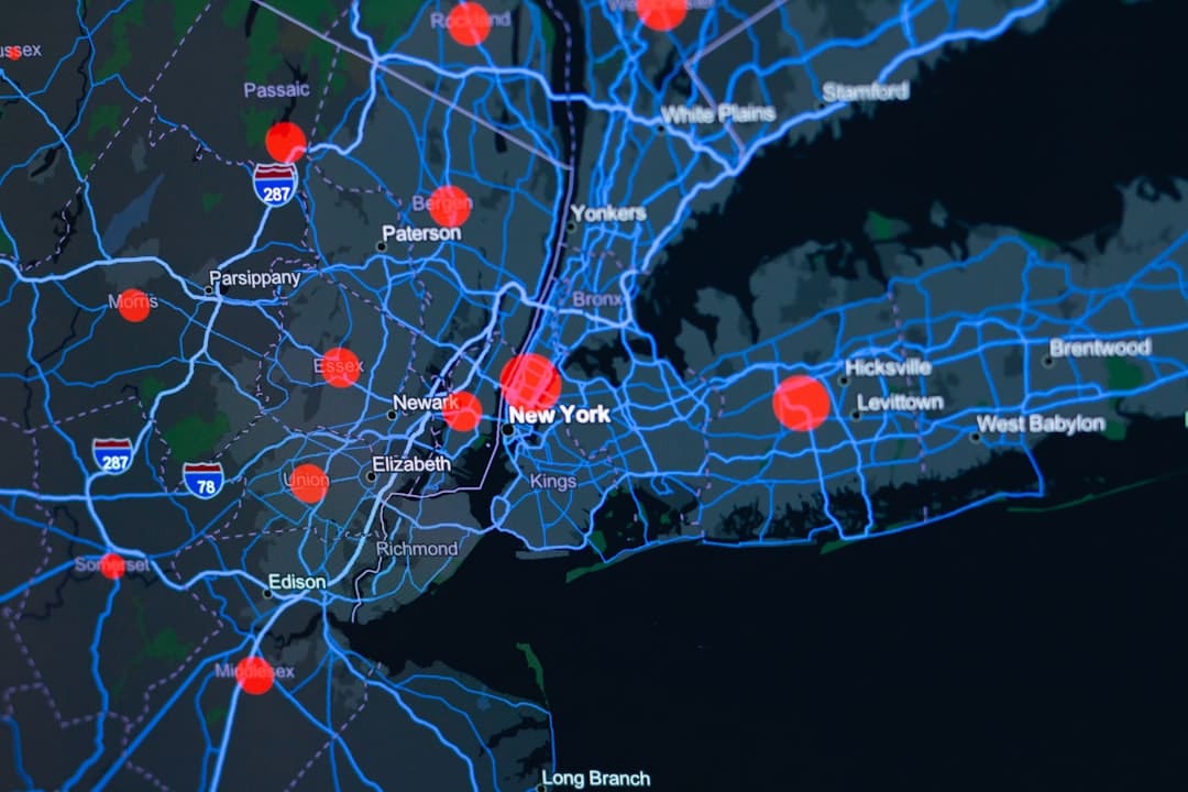 A professionally lit, top-down view of a city map with multiple pins connected by lines, symbolizing a data-driven network for local service SEO.