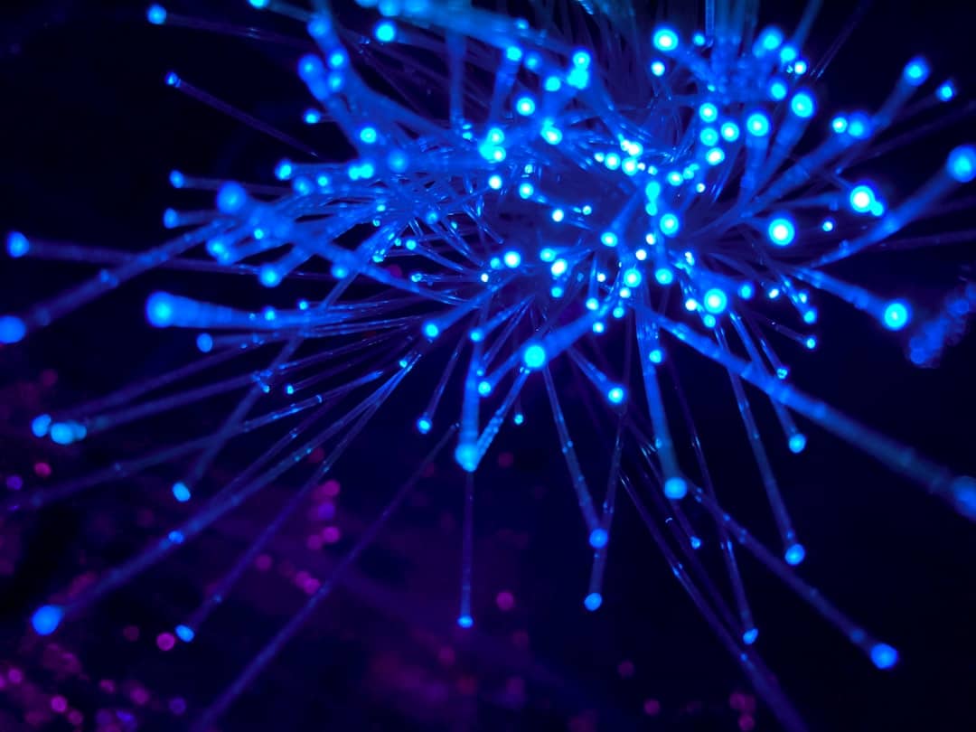 A clean, modern server room with rows of network racks illuminated by glowing blue lights, representing the infrastructure for business data and AI.