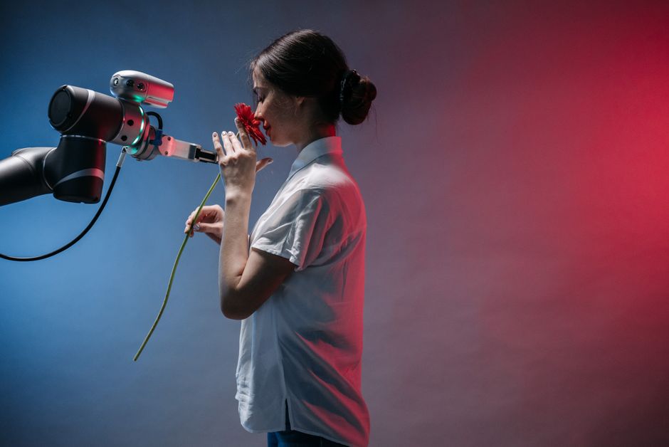 A sleek robotic arm precisely interacting with a futuristic glowing digital interface, symbolizing AI agents automating complex SEO tasks.